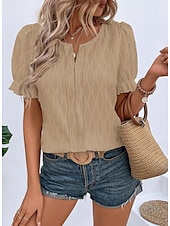 cheap Plain tee-Women&#039;s White Elegant Lace Tops Eyelet Blouse Dressy Tops Plain Regular Tops Short Sleeve Puff Sleeve V Neck Lace Regular Fit Vacation Daily Romantic Petite Tops Summer Holiday Wear Blue Purple Khaki