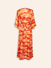 お買い得  プリントカジュアルドレス-女性用 ヘムマキシ マキシドレス ルビーレッド ハーフスリーブ シェーディング プリント 夏 Ｖネック ドレス バケーション S M L