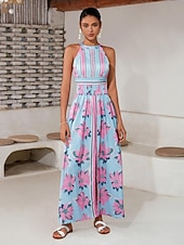 preiswerte Elegante Blumenkleider-Damen Neckholder-Kleid Kleid drucken Maxidress Gelb Blau Ärmellos Blumen / Pflanzen Rückenfrei Elastische Taille Print Sommer Halfterhals Urlaub XS S M
