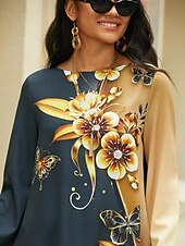 cheap Floral Tops-Women&#039;s Blouse Chiffon Floral Print Long Sleeve Long Tops Round Neck Casual Holiday Yellow Blue Green Spring &amp;  Fall
