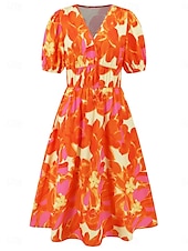 abordables Robes fleuries décontractées-Femme Robe mi-longue Robe casual Robe Évasée Robe Trapèze Robe d&#039;été mode Décontractées Vacances du quotidien Rendez-vous Standard Floral Manche Courte Col V Rose Claire Bleu Orange Vert Eté