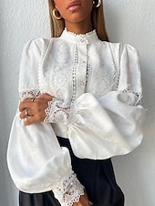 voordelige Elegante topjes-Overhemd Blouse Dames Wit Effen Kant nappi Straat Dagelijks Modieus Normale pasvorm Lantaarn mouw S