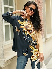 cheap Floral Tops-Women&#039;s Blouse Chiffon Floral Print Long Sleeve Long Tops Round Neck Casual Holiday Yellow Blue Green Spring &amp;  Fall