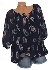 preiswerte Damen Grafik Tops-Damen Boho Bluse Federdruck Langarm V-Ausschnitt Krawattenbänder fließendes Top weiß braun lässig Strand Festivalmode entspannte Passform Frühling Sommer Kleidung