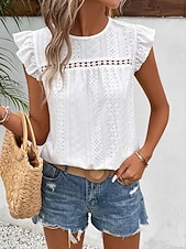 Shirt Blouse Women's Black White Navy Blue Plain Ruffle Cut Out Street Daily Fashion Round Neck Regular Fit S 10