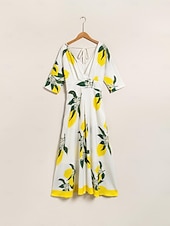 halpa Tyylikkäät kukkaiset mekot-Naisten Helma Maxi Satiini Maxi Maksimekko Keltainen Puolihiha Hedelmä Painettu Kevät ja kesä V kaula-aukko Hameet Loma S M L