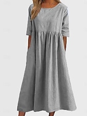 cheap Design Cotton &amp; Linen Dresses-Women&#039;s White Navy Blue Blue Summer Spring Midi Dress Linen-Inspired Dresses Casual Dress Cotton Linen Dress Basic Modern Daily Weekend Loose Fit Plain Shirt Collar