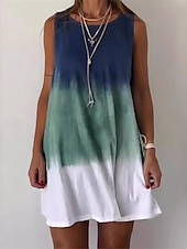 baratos Vestidos-Mulheres Minivestido Vestidos inspirados em linho Vestido casual Vestido Tipo Regata Longa Vestido de verão Casual Férias Diário Normal Tintura Tie Dye Sem Manga Gola Redonda Branco Azul cáqui