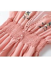 cheap Casual Floral Dresses-Women&#039;s Midi Dress Bohemian V-Neck Floral Embroidery Elastic Waist Drawstring Short Sleeve Beach Vacation Pink Comfortable Regular Fit Casual Summer Clothing Apparel