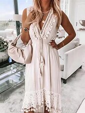billiga Vita spetsklänningar-Dam Midiklänning Spetsklänning Solklänning Boho-klänning Vit Boho klänning bohemliv Semester Gata Helgdag Normal Ärmlös V-hals Aprikos Sommar