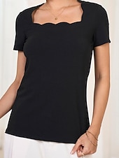 abordables T-shirt uni-T-shirt à encolure festonnée pour femme, manches courtes, couleur unie, coupe slim, extensible, décontracté, mode, noir