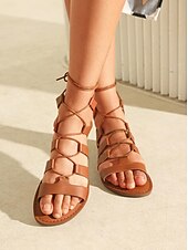 baratos Sandálias de Férias-sandálias rasteiras gladiadoras femininas – sapatos de verão com tiras abertas e design de amarração no tornozelo para estilos casuais e boho chic