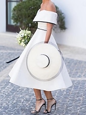 preiswerte Kleine weiße Kleider-Hochzeitskleider A-Linie Off-Shoulder Kurzarm Tee-Länge Stretchstoff Brautkleider mit Einfarbigem Material 2025