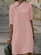 cheap Work Dresses-Women&#039;s Black White Pink Summer Spring Mini Dress Petite Dress White Dress Shirt Dress Cotton Linen Dress Basic Daily Weekend Regular Fit Floral Plain Stand Collar