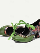 preiswerte Mary Jane Pumps-Women's Green Leather Mary Jane Heels with Floral Print, Ribbon Ties, and Retro Style - Perfect for Vintage-Themed Events and Daily Elegance