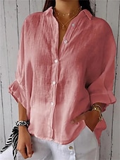 preiswerte Hemden-Damen Hemd Baumwoll-Leinen-Hemden Knopfleiste Bluse Einfach Basic Modern Hemdkragen Straße Täglich Knöpfe Schwarz Weiß Rosa Armeegrün Sommer