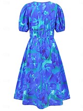 abordables Robes fleuries décontractées-Femme Robe mi-longue Robe casual Robe Évasée Robe Trapèze Robe d&#039;été mode Décontractées Vacances du quotidien Rendez-vous Standard Floral Manche Courte Col V Rose Claire Bleu Orange Vert Eté