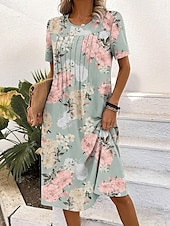 preiswerte Blumenkleid-Frauen Mini Kleid Blumenmuster Rundhals Kurze Ärmel Sommer