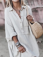 preiswerte Weiße Freizeitkleider-Damen weißes Kleid Hemdkleid Minikleid Date Urlaub Basic Modern Hemdkragen Knopftasche Langarm Sommer Frühling Loose Fit Uni