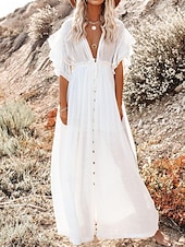 preiswerte Kleider aus Baumwolle und Leinen entwerfen-Damen Maxikleid Leinen-inspirierte Kleider Weißes Kleid Schwingkleid Sommerkleid Streetwear Maxi Basic Urlaub Ferien Strand Lässiger Schnitt Kurzarm V Ausschnitt Schwarz Weiß Khaki Beige Sommer