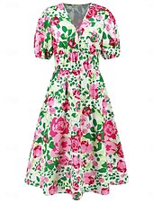 abordables Robes fleuries décontractées-Femme Robe mi-longue Robe casual Robe Évasée Robe Trapèze Robe d&#039;été mode Décontractées Vacances du quotidien Rendez-vous Standard Floral Manche Courte Col V Rose Claire Bleu Orange Vert Eté