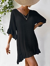 cheap Beach Dresses-Women&#039;s Beach Dresses Mini Dress Backless Ruffle Hem Vacation Beach Streetwear Basic V Neck 3/4 Length Sleeve Black White Color