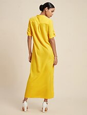 voordelige Bloemenjurken-Dames Zoom Maxi Maxi-jurk Geel Korte mouw Grafische prints Karakters Dichtknopen Zak Zomer V-hals Jurken XS S M