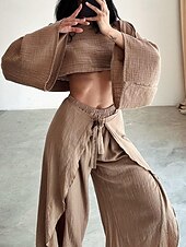 cheap Sets-Women&#039;s Fashion Shirt Two Piece Sets Pants Sets Pants Trousers Long Sleeve Round Neck Plain Ruffle Split Holiday Weekend Black Brown Beige Spring &amp; Summer Regular Fit