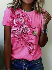 cheap Floral tee-Women&#039;s T-shirt Floral Crew Neck Short Sleeve 3D Butterfly Print Elegant Casual Wear Spring Summer Comfort Fit Purple Multisize Fashion Top
