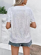 billiga Enkel t-shirt-Dam Mesh skjorta Paljetter Vintage Stylish Sexig Kortärmad V-hals Vanliga toppar Utekväll Helgen Festkläder Aprikosrosa Svart Vit Sommar Vår