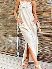 economico disegnare abiti in cotone e lino-Per donna Nero Rosso Albicocca Estate Primavera Abito maxi Abiti in cotone e lino Vestito Casual Abito con spalline Essenziale Moderno Quotidiano Weekend Vestibilità comoda Semplice Spalline sottili