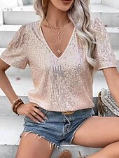 billiga Enkel t-shirt-Dam Mesh skjorta Paljetter Vintage Stylish Sexig Kortärmad V-hals Vanliga toppar Utekväll Helgen Festkläder Aprikosrosa Svart Vit Sommar Vår