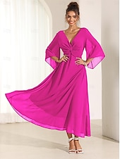 economico Abiti da festa-abito da cocktail per invitati a nozze da donna in chiffon tinta unita con volant intrecciato elegante abito lungo estivo scollo a V svasato manica a 3/4