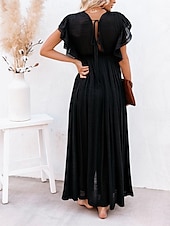 preiswerte Kleider aus Baumwolle und Leinen entwerfen-Damen Maxikleid Leinen-inspirierte Kleider Weißes Kleid Schwingkleid Sommerkleid Streetwear Maxi Basic Urlaub Ferien Strand Lässiger Schnitt Kurzarm V Ausschnitt Schwarz Weiß Khaki Beige Sommer