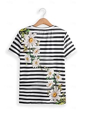 abordables T-shirt floral-T-shirt Femme Daisy Floral Rayé Imprimé Col Rond Manches Courtes Décontracté Été Haut Ajustement Régulier Tee Noir Blanc Jaune