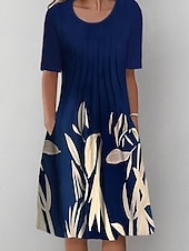 abordables Robe Fleurie-Robe Midi Femme Robe Décontractée Robe Tunique Bleu Marine Manches Courtes Fleurie Froncée Printemps Été Col Rond Basique Quotidien Vacances Week-end 2023 S M L XL XXL 3XL