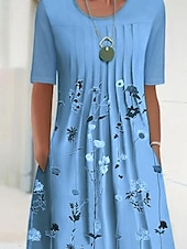 abordables Robe Fleurie-Robe Midi Femme Robe Décontractée Robe Shift Imprimé Floral Froncé Col Rond Basique Quotidien Manches Courtes Été Printemps