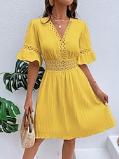cheap Plain Dress-Women's Knee Length Dress Sundress Casual Dress Vacation Casual Boho Beach Party Date Regular Fit Plain Short Sleeve V Neck Blue White Yellow Red Summer Spring