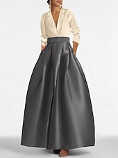 economico NERO-Abito da sera A-line elegante abito tuxedo invitata a matrimonio abito black tie lunghezza piedi maniche lunghe scollo a V autunno in raso con tasca arricciata 2025