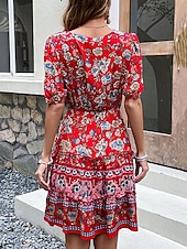 abordables Robes Bohémiennes-Femme Mini robe Robe casual Robe Trapèze Robe d&#039;été robe boheme mode Ethnique Décontractées Vacances du quotidien Rendez-vous Standard Floral Manche Courte Col V Noir Rouge Bordeaux Vert Eté