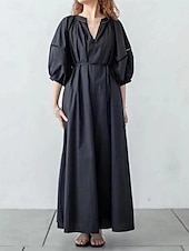 abordables Vestidos casuales blancos-Mujer Negro Blanco Color Caquí Verano Primavera Vestido maxi Vestido blanco Vestido de lino de algodón Básico Moderno Diario Fin de semana Holgado Plano Escote en Pico
