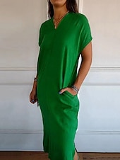 abordables Robes-Femmes Noir Rouge Vert Été Printemps Robe Midi Robes inspirées du lin Robe Décontractée Basique Moderne Occasionnel Quotidien Week-end Coupe Ample Uni Col en V