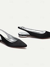 preiswerte Hochzeitsgast-Damen Hochzeitsschuhe Übergrössen Brautschuhe Flacher Absatz Schlaufen Heel Spitze Zehe Minimalismus Satin Schnalle Weiß Elfenbein Silber