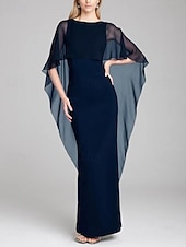 abordables BLEU-Robe de soirée fourreau robe élégante invitée de mariage longueur de sol manches courtes col en bijou capes chiffon extensible avec châle 2025