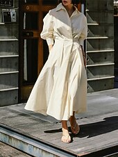 levne Bílé šaty pro volný čas-Dámské Bílé šaty Košilové šaty Bavlněné plátěné šaty Maxi dlouhé šaty Rande Dovolená Polyester Základní Košilový límec Tlačítko Kapsy Dlouhý rukáv Léto Jaro Běžný Bez vzoru