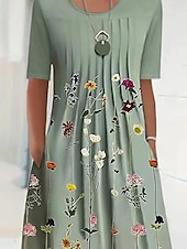 abordables Robe Fleurie-Robe Midi Femme Robe Décontractée Robe Shift Imprimé Floral Froncé Col Rond Basique Quotidien Manches Courtes Été Printemps