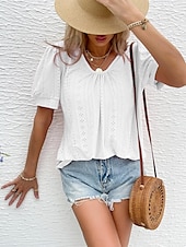billige Blonder topper-Dame Bluse Elegant Bohem Kortermet Crew-hals Feriereise Daglig Ut på byen knyttede Hvit Rosa Militærgrønn Grønn Sommer