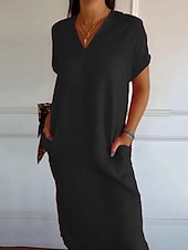 abordables Robes-Femmes Noir Rouge Vert Été Printemps Robe Midi Robes inspirées du lin Robe Décontractée Basique Moderne Occasionnel Quotidien Week-end Coupe Ample Uni Col en V