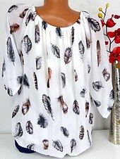 preiswerte Damen Grafik Tops-Damen Boho Bluse Federdruck Langarm V-Ausschnitt Krawattenbänder fließendes Top weiß braun lässig Strand Festivalmode entspannte Passform Frühling Sommer Kleidung