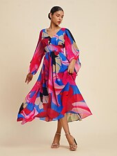 abordables Robes décontractées-Femmes Robe d&#039;invité de mariage Robe d&#039;Été Robe d&#039;été Robe Longue Maxi Robe Rose rouge manche longue Mode Fleurs Fleurs / Plantes Col en V Ourlet irrégulier Style Floral Printemps &amp; Été Col en V